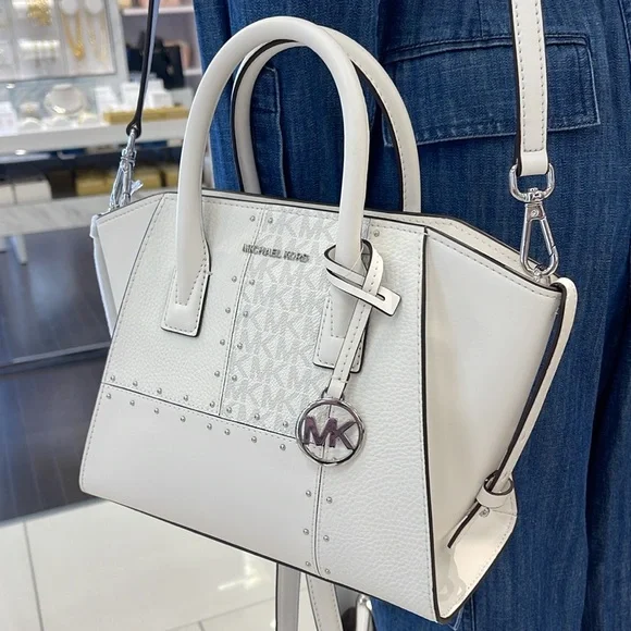 Michael Kors Avril Small Studded Patchwork and Signature Logo Satchel Crossbody - Picture 8 of 16